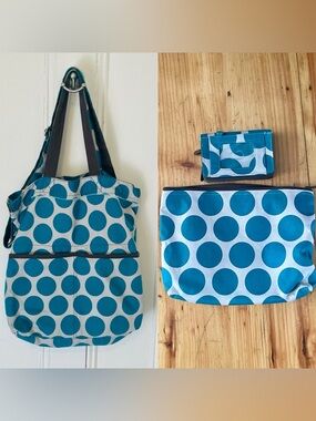 thirty-one Retro Metro Foldover Crossbody Tote, Pouch, & Wallet in Teal Mod Dot